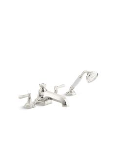 DECK-MOUNT BATH FAUCET WITH DIVERTER AND HANDSHOWER, LEVER HANDLES
