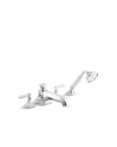 DECK-MOUNT BATH FAUCET WITH DIVERTER AND HANDSHOWER, LEVER HANDLES