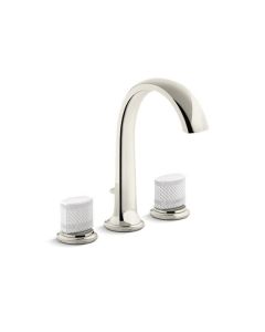 DECK-MOUNT BATH FAUCET WITH DIVERTER, WHITE PORCELAIN KNOB HANDLES